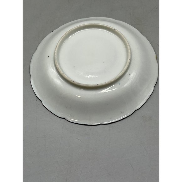 plate saucer black rim gold leaves pink flowers blue center 5" glass emboss READ - Picture 3 of 3